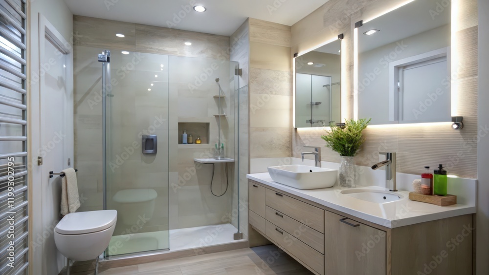 Modern Bathroom with Walk-In Shower and Double Vanity Modern Bathroom with Walk-In Shower and Double Vanity