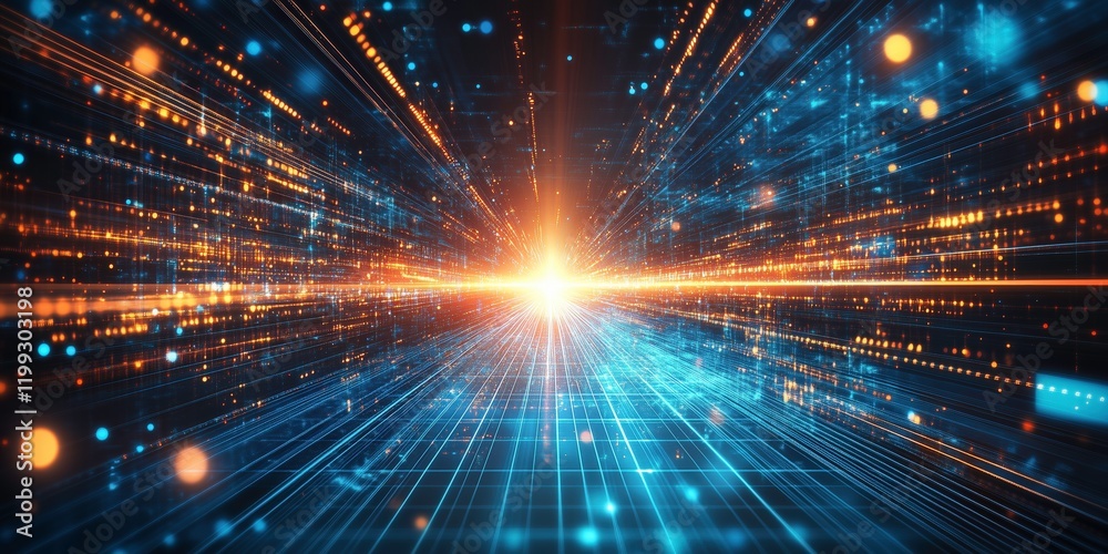 Digital Speed of Light: Abstract digital art depicting a futuristic cityscape with glowing lines of light converging towards a bright center. Digital Speed of Light: Abstract digital art depicting a futuristic cityscape with glowing lines of light converging towards a bright center.