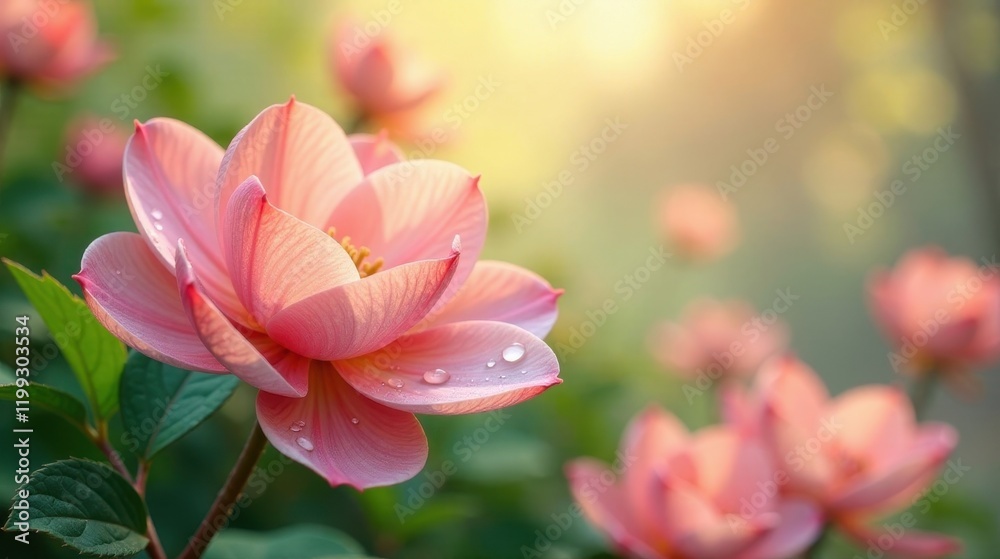 Fototapeta premium Delicate Pink Blooms in Soft Morning Light, Dew-Kissed Petals Unfurling in a Garden Setting