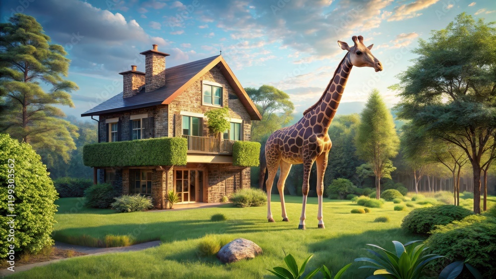 Fototapeta premium Cozy two-story giraffe house with multiple bedrooms and a spacious living area, surrounded by lush green trees and a serene landscape , country house, living room