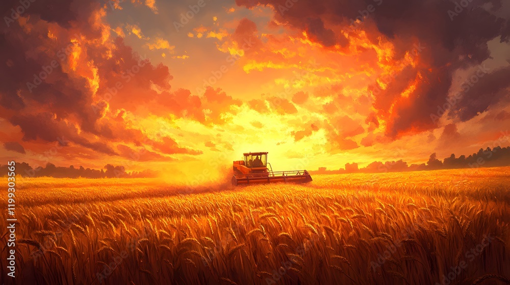 Fototapeta premium Golden Harvest Sunset Combine Harvester in Wheat Field