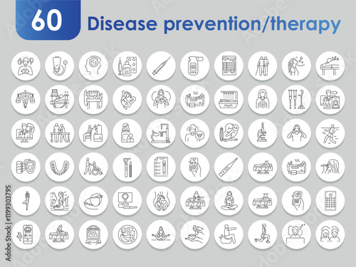 Diseases prevention and therapy black line icons set. Infographics with symbols.