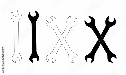set of wrench silhouette icons in black and white, featuring crossed and individual designs