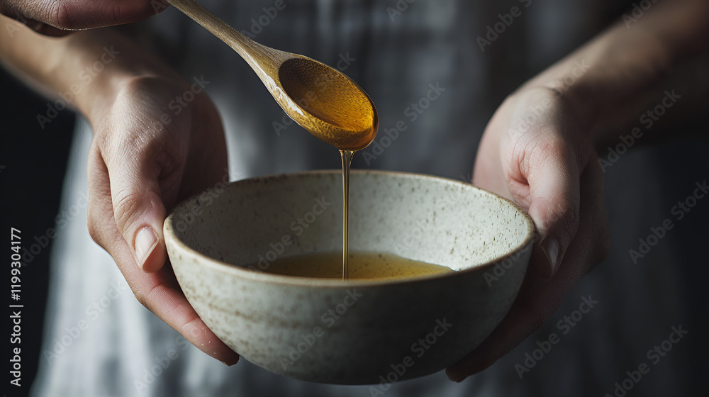 Golden liquid being poured into a bowl from a wooden spoon. Hands carefully hold the bowl. Golden liquid being poured into a bowl from a wooden spoon. Hands carefully hold the bowl.