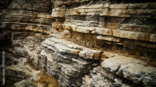 Close-up of intricate rock layers in a canyon, showing sharp textures and vibrant earthy tones under bright natural lighting photo