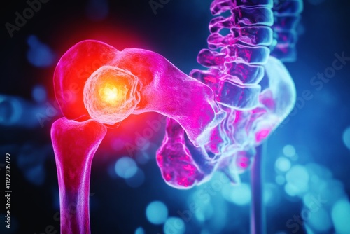 3d illustration of hip bone cancer or tumor highlighting pain and inflammation in the pelvic joint on a scientific and medical background