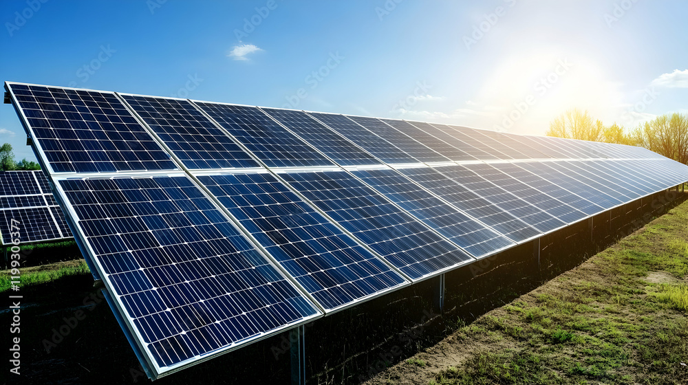 Concept of renewable energy with solar panels glowing under intense sunlight, highlighting sharp textures and a clean sky Concept of renewable energy with solar panels glowing under intense sunlight, highlighting sharp textures and a clean sky
