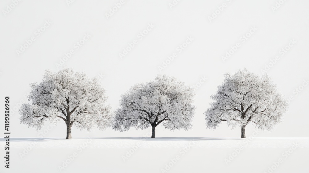 Three snow-covered trees stand side-by-side against a white background, creating a minimalist winter scene Three snow-covered trees stand side-by-side against a white background, creating a minimalist winter scene