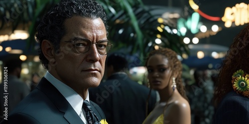 A serious man in a suit stands out at a vibrant social event, juxtaposed against a backdrop of lively guests and glowing lights, evoking an air of intrigue and tension. photo