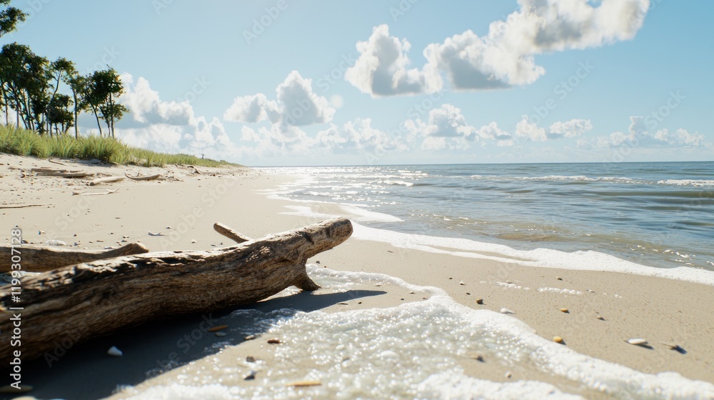 Serene beach scene with gentle waves and driftwood on the shore. Serene beach scene with gentle waves and driftwood on the shore.