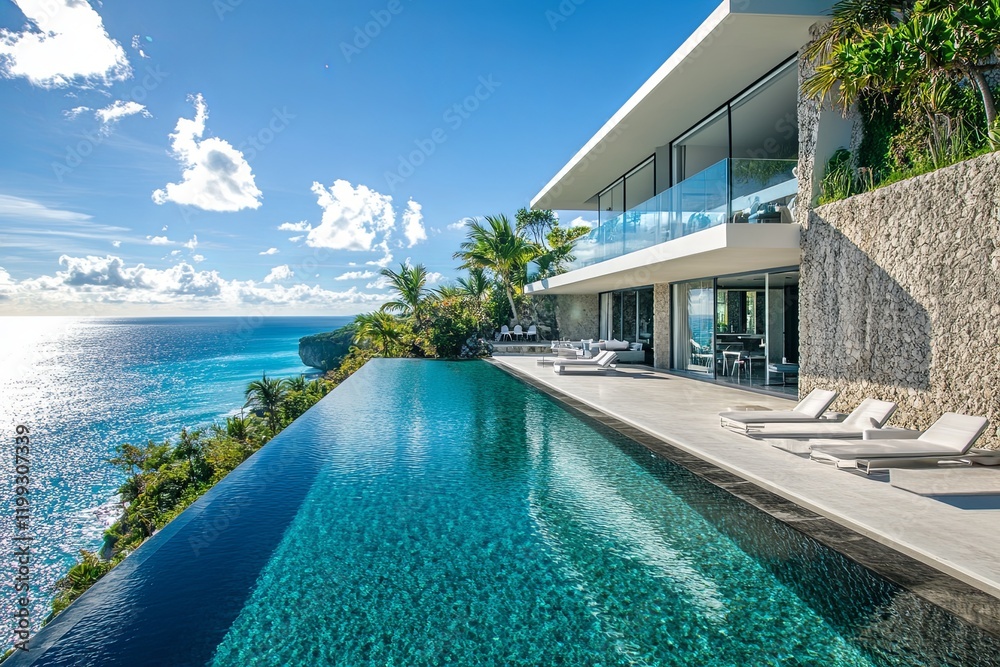 Fototapeta premium A luxurious modern villa perched on a cliffside overlooking a sparkling blue ocean under the midday sun. The sleek architecture features expansive glass walls and a long infinity pool