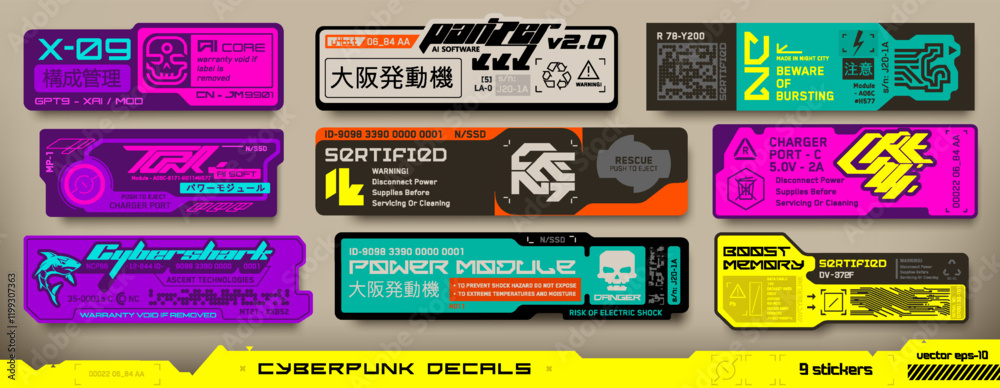 Obraz premium Cyberpunk decals set. Set of vector stickers and labels in futuristic style. Inscriptions and symbols, Japanese hieroglyphs for configuration management, note, osaka motors. 