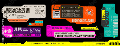 Cyberpunk decals set. Set of vector stickers and labels in futuristic style. Inscriptions, symbols. Japanese hieroglyphs for sensitive electronic devices, high voltage.	