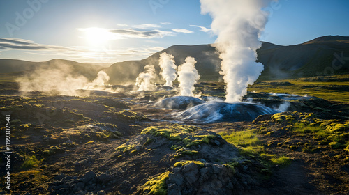 Depiction of clean geothermal energy with steam vents and surrounding rocky terrain under bright natural lighting