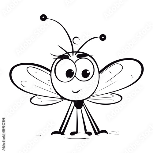 A black and white drawing of a baby Dragonfly kawai coloring page illustration.