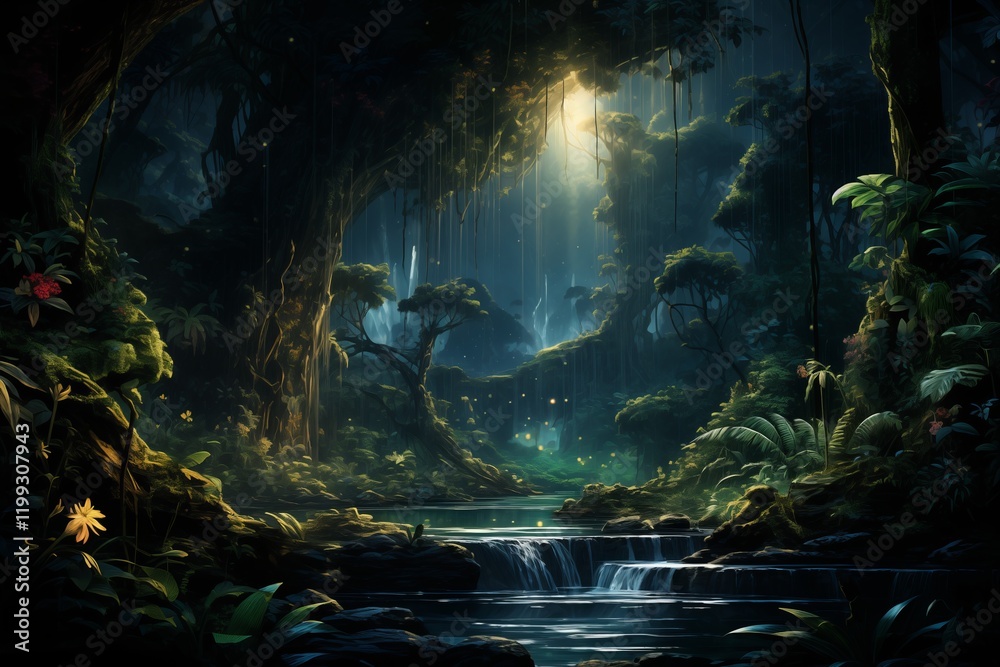 Obraz premium A mystical forest with ethereal light filtering through trees, illuminating a serene stream amidst lush greenery.