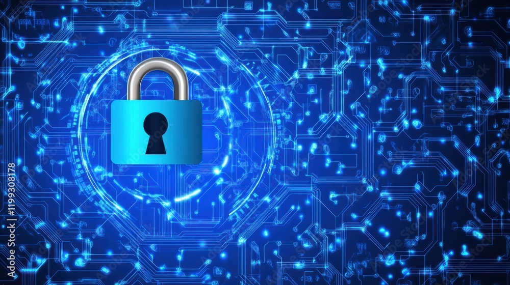 Digital padlock symbolizing cybersecurity protection against data breaches on a tech-themed background Digital padlock symbolizing cybersecurity protection against data breaches on a tech-themed background