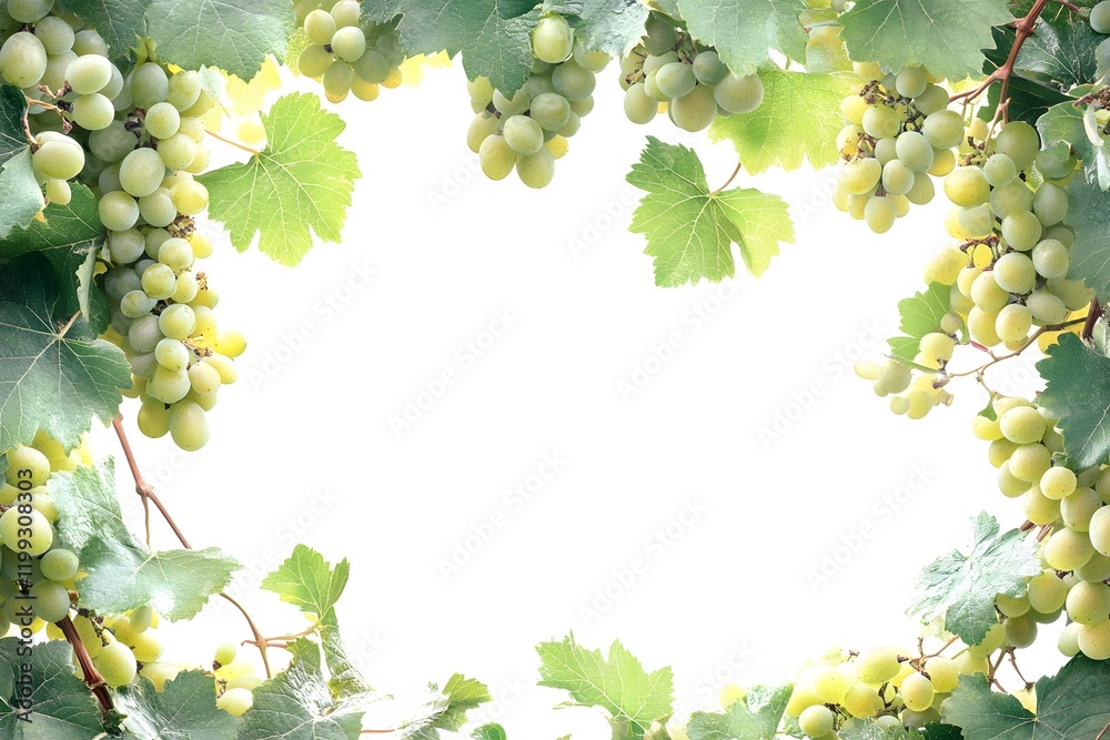 Green grapes and leaves frame on white background. Green grapes and leaves frame on white background.