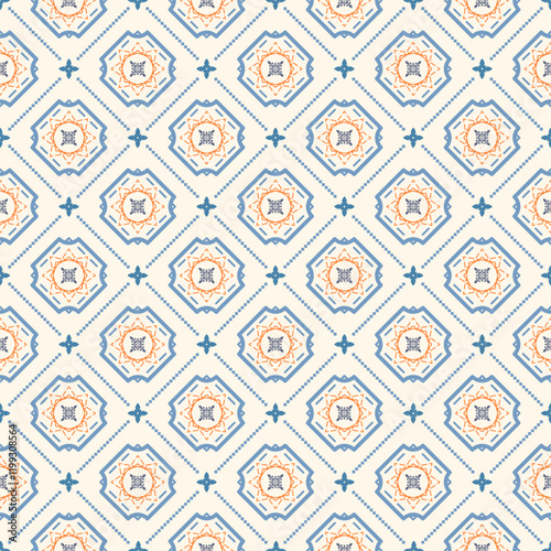 Geometric Monogram Twist Pixel and Fleur de lis Art Design. Orange Blue Ornament Repeat on Beige Background. Seamless Pattern Vector. Retro Wallpaper, Textile, Hand Craft, Wrapping, colorful, warm.