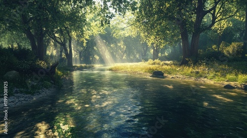 Sunlit River in a Lush Green Forest: A Serene Escape