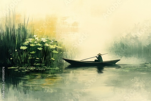 Tranquil scene: lone boatman rows on serene lake.