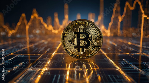 Virtual Bitcoin logo glowing in a digital financial landscape with blockchain network visuals

