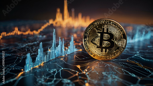 Virtual Bitcoin logo glowing in a digital financial landscape with blockchain network visuals

