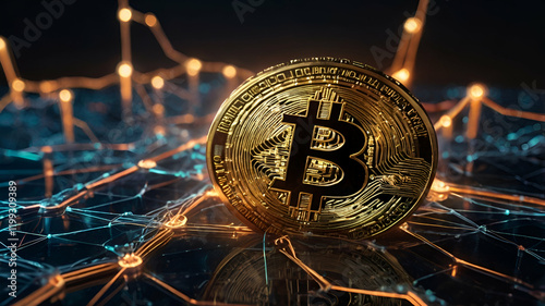 Virtual Bitcoin logo glowing in a digital financial landscape with blockchain network visuals


