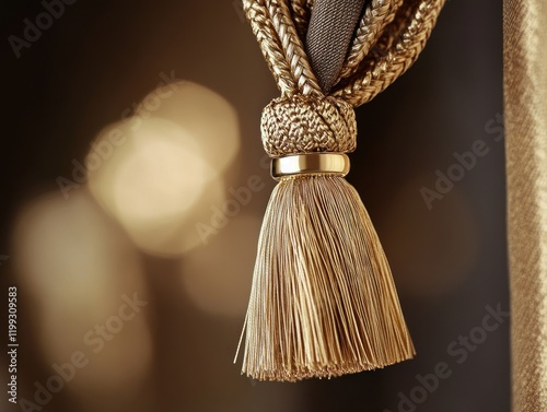 Elegant golden tassel tied with a rope, a luxurious home decor piece with blurred light photo