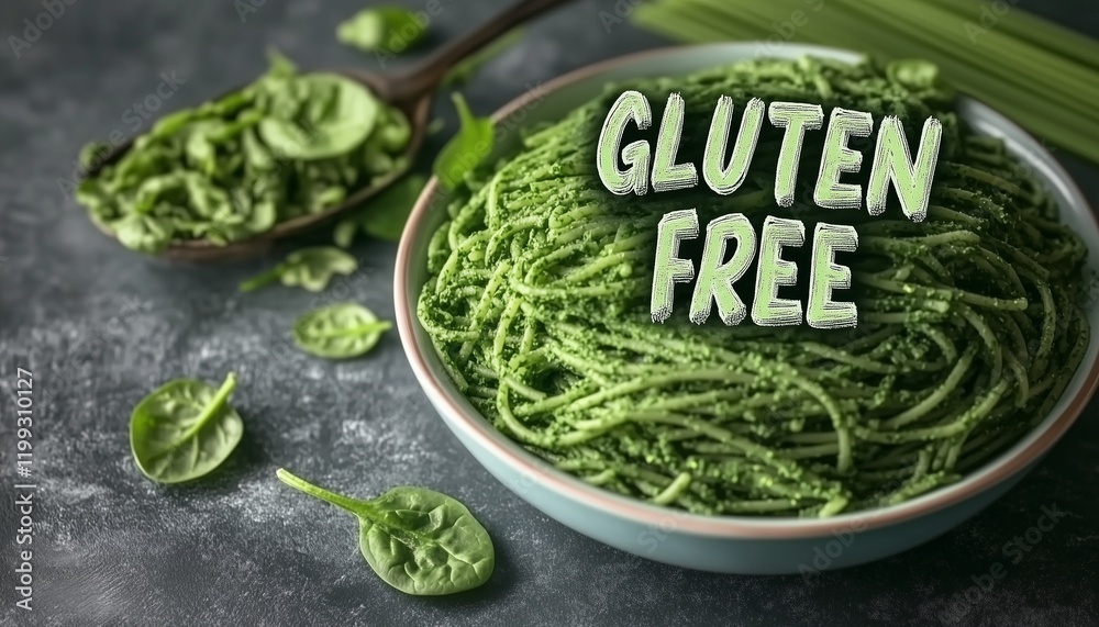 Obraz premium Gluten free spinach green noodle pasta organic vegetable ingredient healthy food