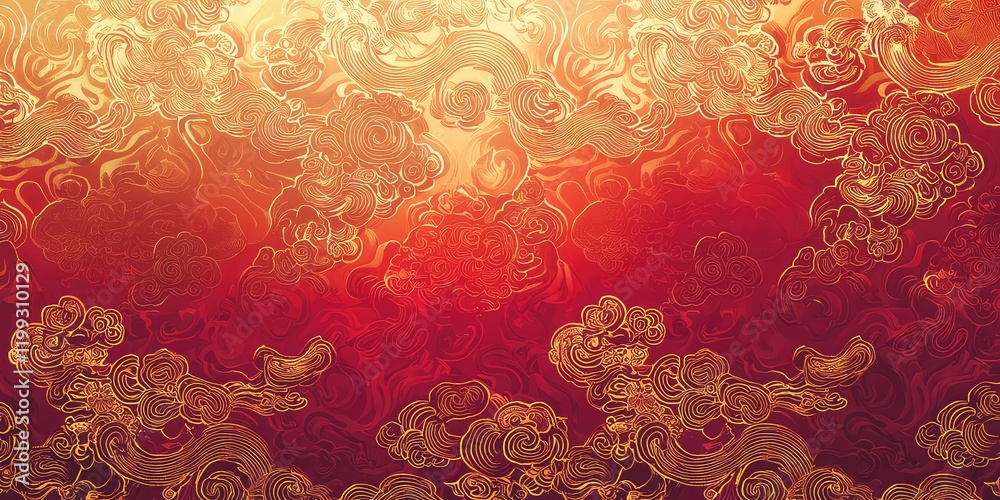 A soft gradient design in red and gold with traditional Chinese motifs like waves and clouds. A soft gradient design in red and gold with traditional Chinese motifs like waves and clouds.