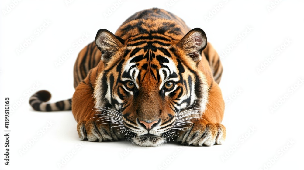 Fototapeta premium A fierce tiger in a crouched position, ready to pounce, beautifully isolated on a plain white background,
