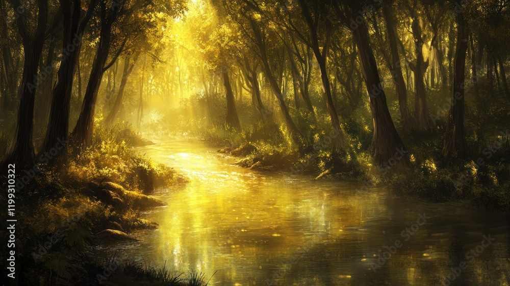 Fototapeta premium Golden Hour Forest Stream: A Serene Digital Painting