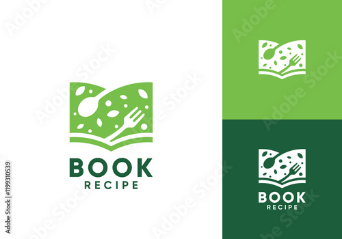 book with food logo, nature, cooking recipe, restaurant symbol design vector graphic