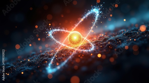 Radiant atomic structure, featuring a luminescent central nucleus surrounded by vibrant, swirling electrons that seem to orbit in mesmerizing patterns, set against a deep, rich black background. photo