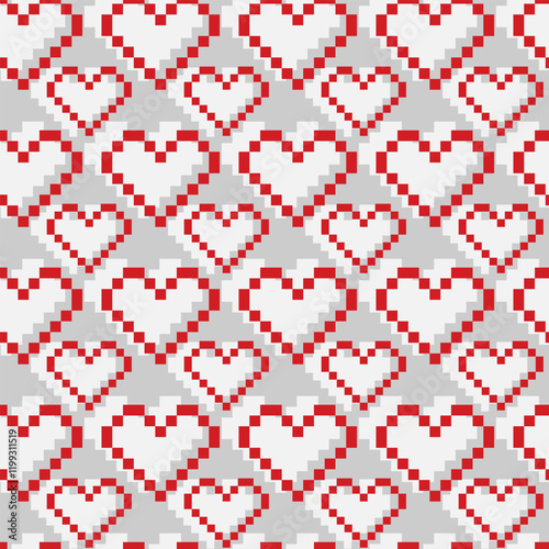 Pixel Hearts Seamless pattern in trendy soft gray and red. St Valentines Day Pixel Art Backdrop idea