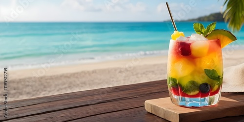  Vividly Colored Tropical Cocktail with Fresh Fruit Garnishes on a Wooden Table Overlooking a Bright Beach Scene