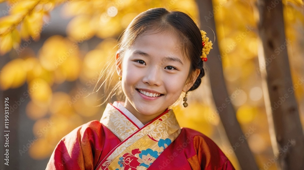 young girl smiling in traditional attire, with a colorful floral pattern and vibrant golden details. The warm autumn background adds a cheerful touch young girl smiling in traditional attire, with a colorful floral pattern and vibrant golden details. The warm autumn background adds a cheerful touch
