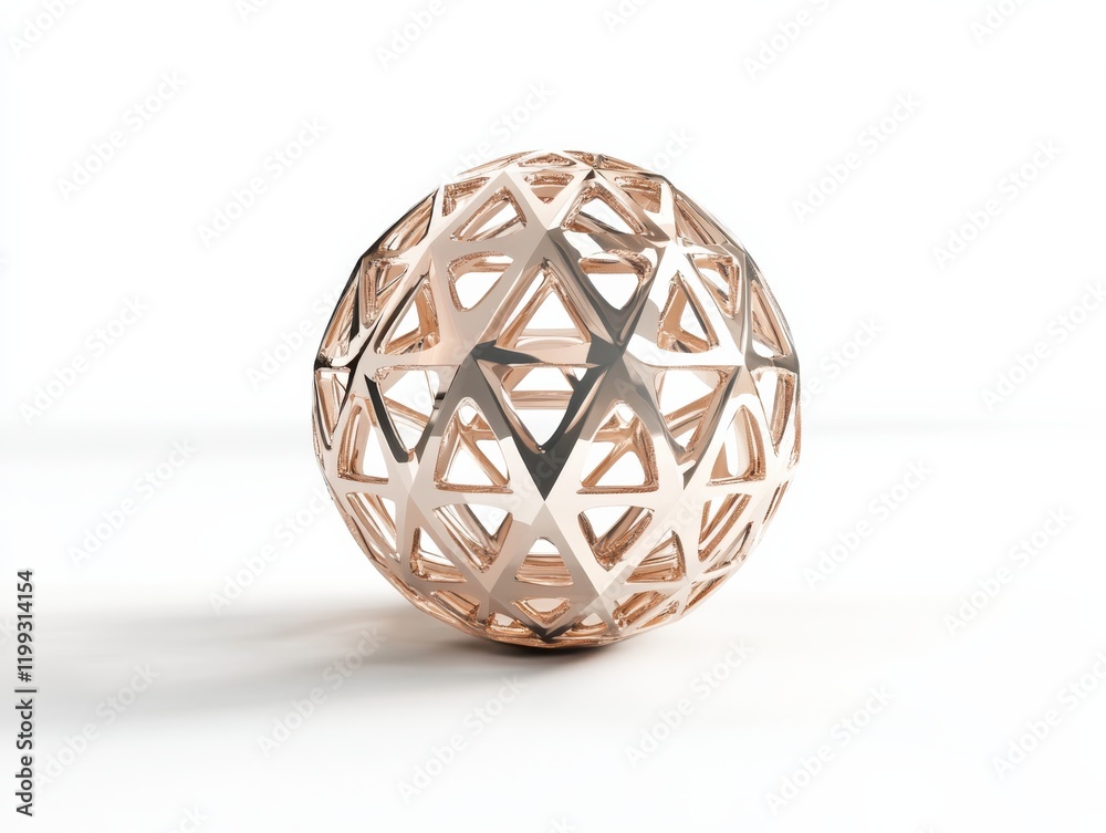 A geometric orb with intricate triangular patterns, rose gold and chrome finishes, floating mid-frame on a pure white background A geometric orb with intricate triangular patterns, rose gold and chrome finishes, floating mid-frame on a pure white background