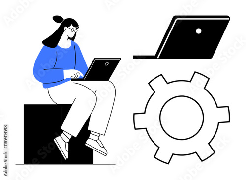 Woman working on a laptop while sitting on a block, larger laptop screen, and cogwheel image. Ideal for productivity, technology, work-from-home, IT, management engineering education themes. Flat