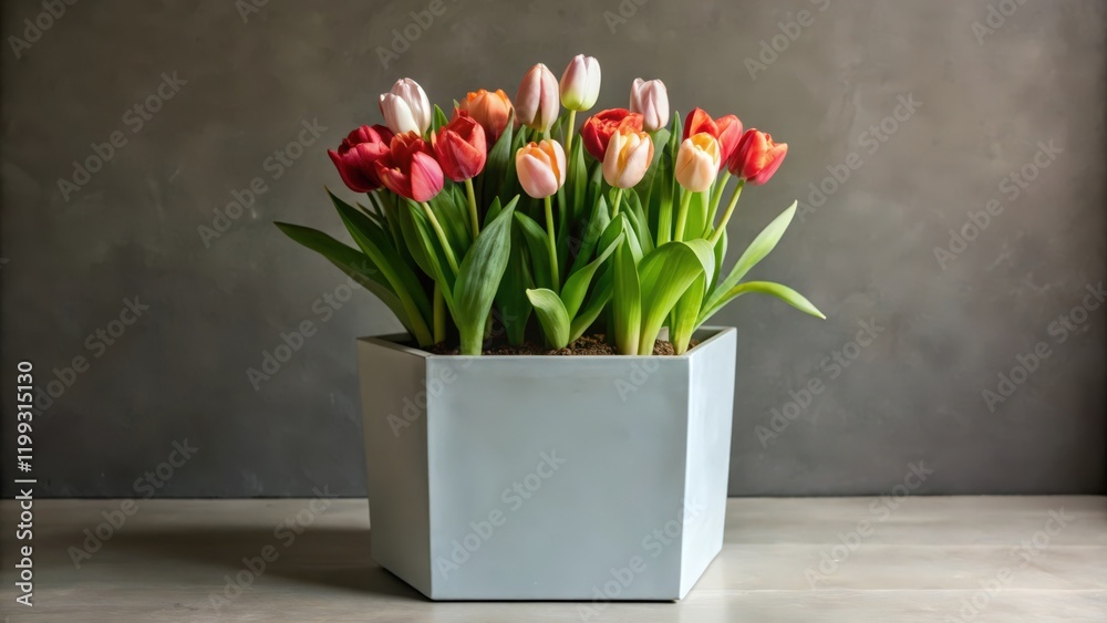 Obraz premium A bouquet of colorful tulips in a modern white planter