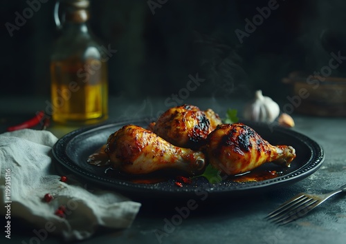 Three juicy, grilled chicken legs on a dark plate, steaming hot with spices and herbs. photo