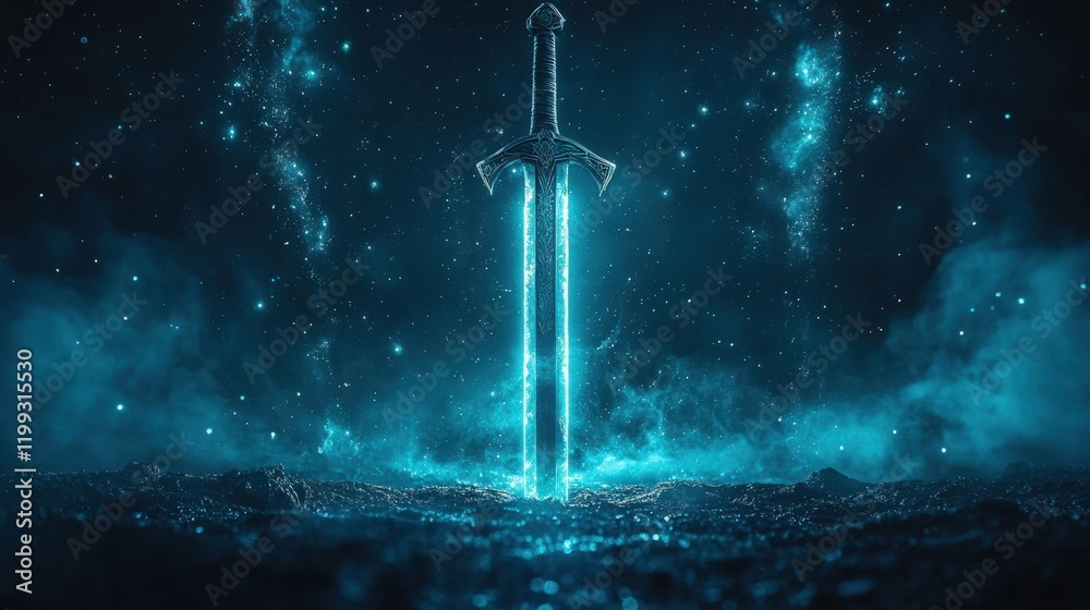 Glowing sword, dark fantasy scene. Glowing sword, dark fantasy scene.