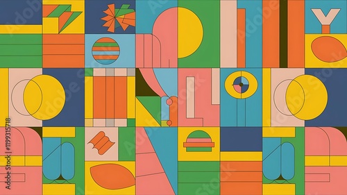 Abstract geometric composition with a bold color palette, artistic arrangement of shapes, perfect for trendy digital prints, website backgrounds, textile designs, and stylish branding visuals