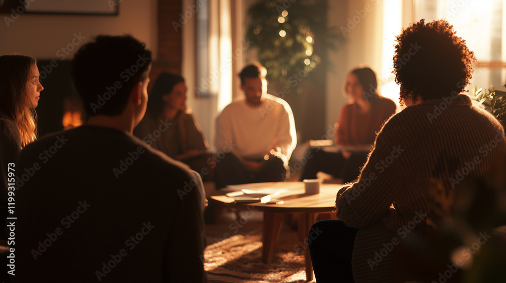 Group Therapy Session in Cozy Room with Supportive Circle Group Therapy Session in Cozy Room with Supportive Circle