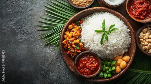 Top view of a traditional Sri Lankan breakfast: kiribath (milk rice) with lunu miris and coconut sambol, with space for copy.