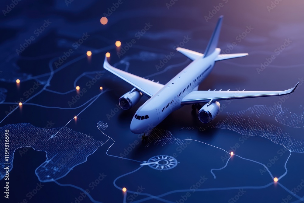Fototapeta premium Airplane on a Digital Map: Air Travel, Navigation, and Global Connectivity