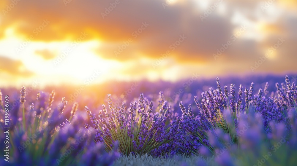Obraz premium A serene lavender field at sunset, showcasing vibrant colors.