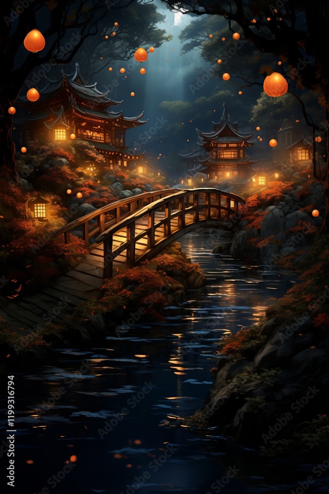A serene night scene featuring a bridge, glowing lanterns, and traditional buildings by a peaceful river.
