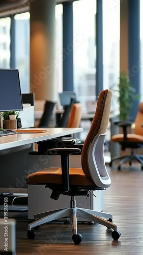 Modern office space with ergonomic chair and workstations.